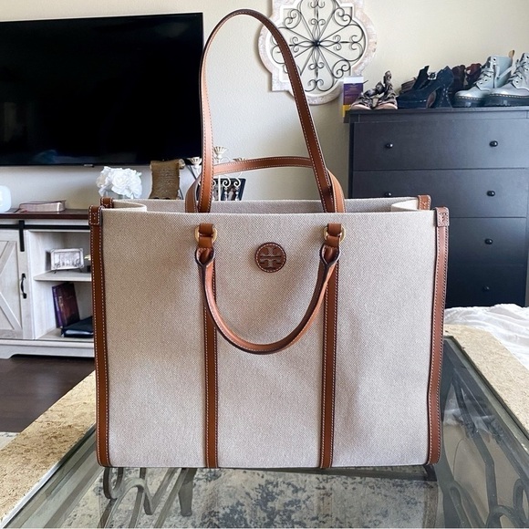 Tory Burch Handbags - Tory Burch Blake Jumbo Tote Bag Canvas Leather Trim Neutral Cream Brown Cuoio